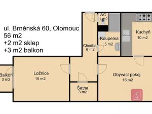 Pronájem bytu 2+1, Olomouc, Brněnská, 58 m2