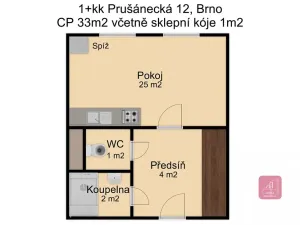 Prodej bytu 1+kk, Brno, Prušánecká, 33 m2