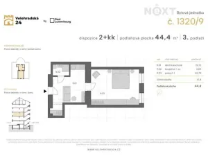 Pronájem bytu 2+kk, Praha - Vinohrady, Velehradská, 44 m2