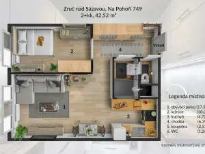 Pronájem bytu 2+kk, Zruč nad Sázavou, Na Pohoří, 43 m2
