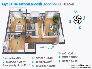 Prodej bytu 3+1, Modřice, Husova, 70 m2