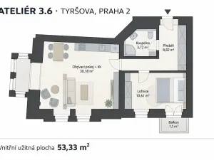 Prodej bytu 2+kk, Praha, 53 m2